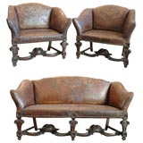 3 Piece Set of Leather Upholstered Walnut Seating Furniture